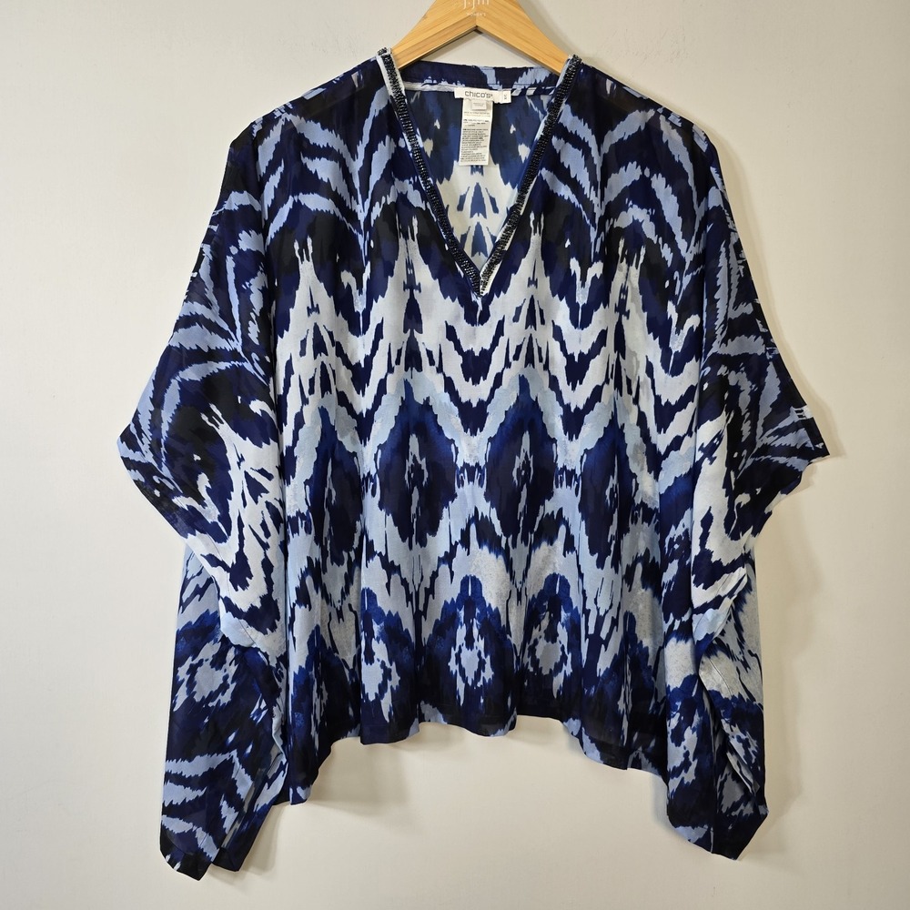 Chicos Poncho Blouse Top Size S/M Blue Ikat Beaded Neckline Vacation Lightweight